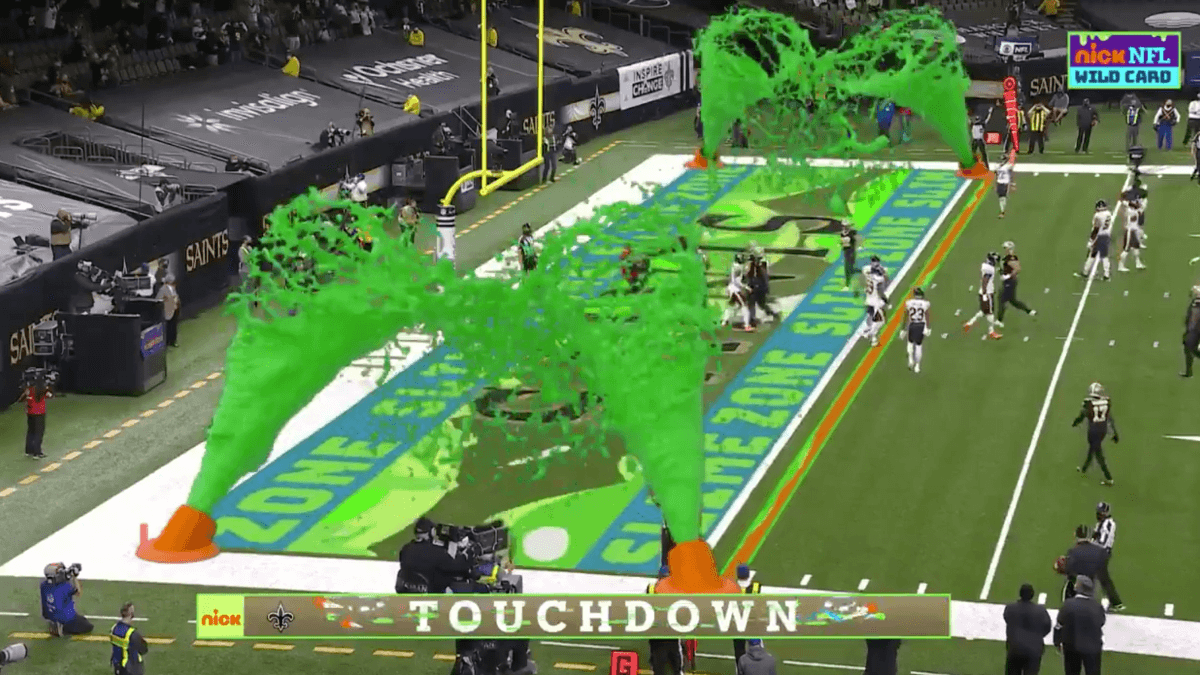 CGI slime cannons celebrate a touchdown during the Saints and Bears Game January 2021 (CBS/Viacom via AP)