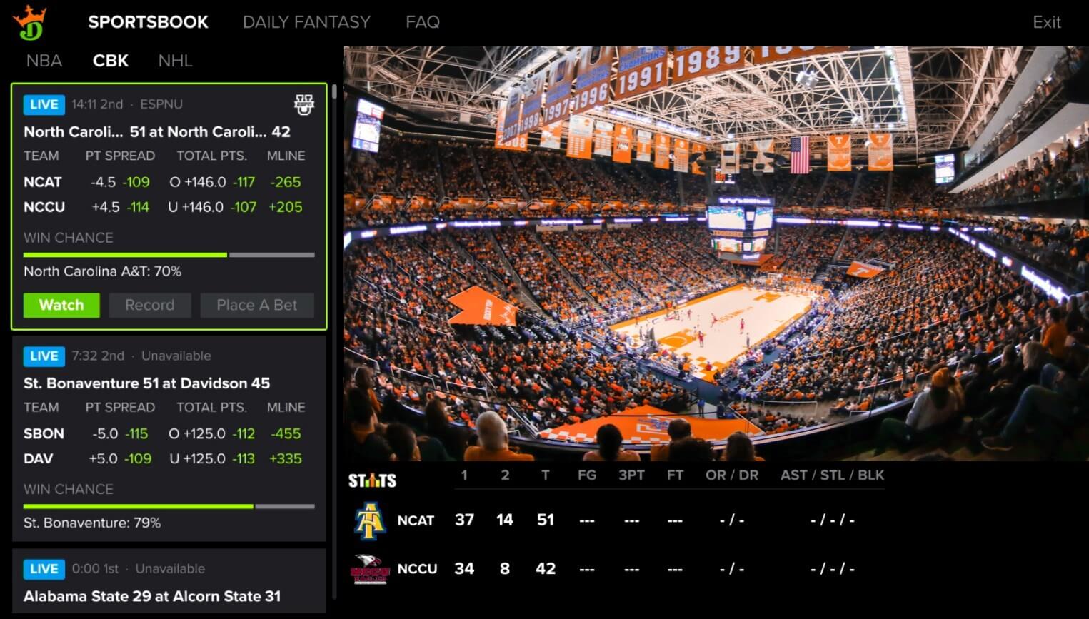 A screenshot showing live bet odds side-by-side with live footage on the DraftKings DISH Hopper platform.