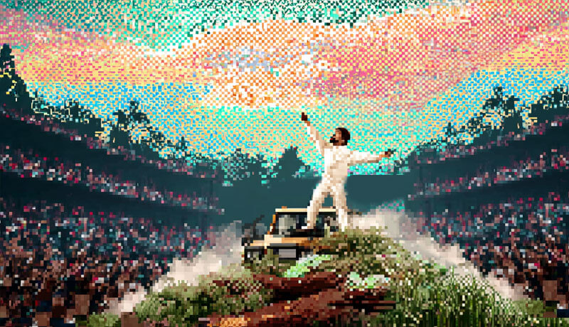 A pixelated pointillism image of Bad Bunny performing at the halftime show