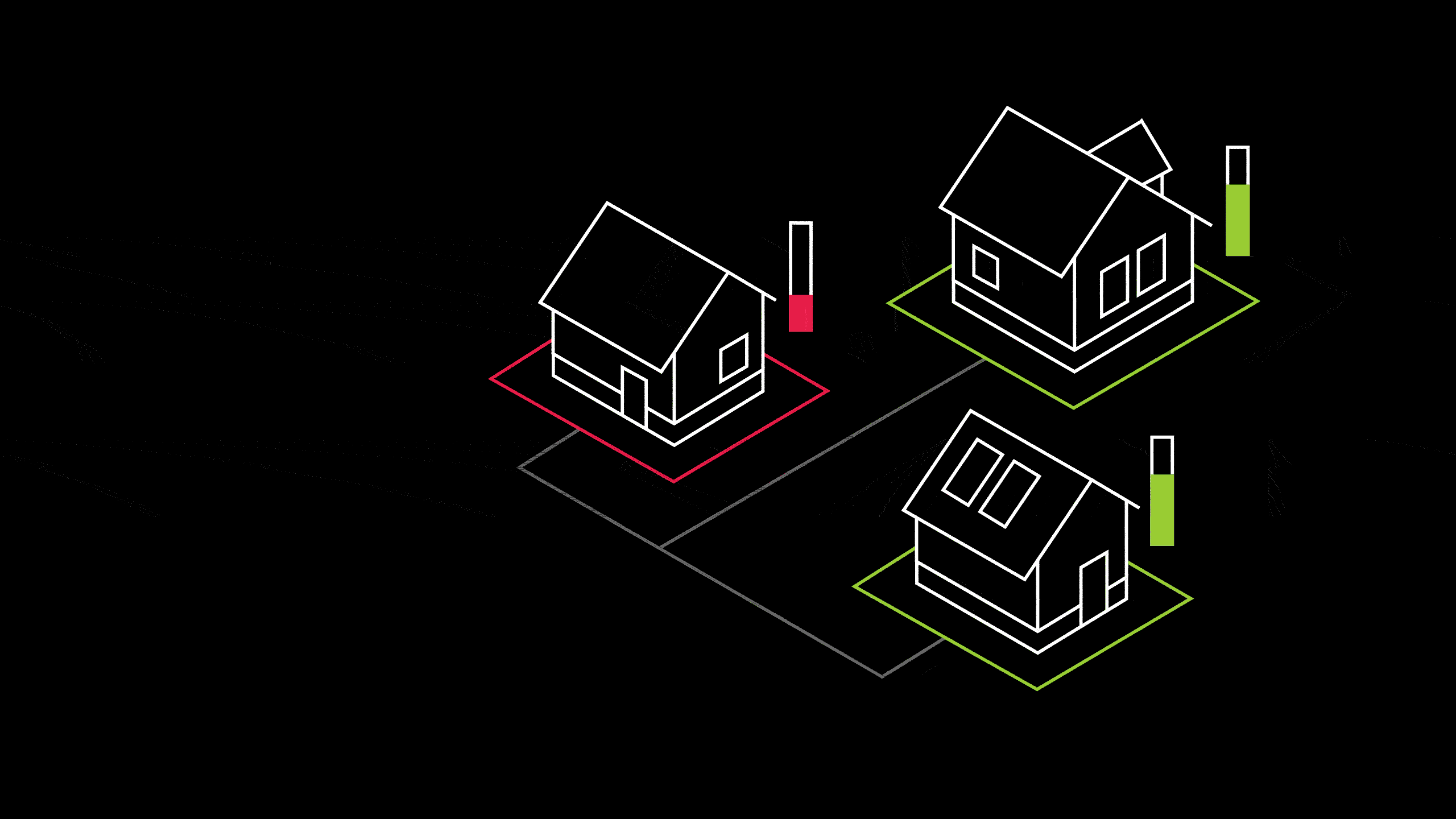 House 1 receiving electricity from nearby houses 2 and 3, through blockchain technology.