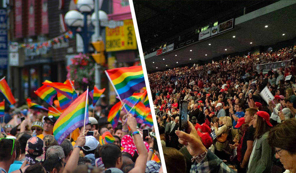 Gay pride rally compared to a right wing presidential candidate's rally