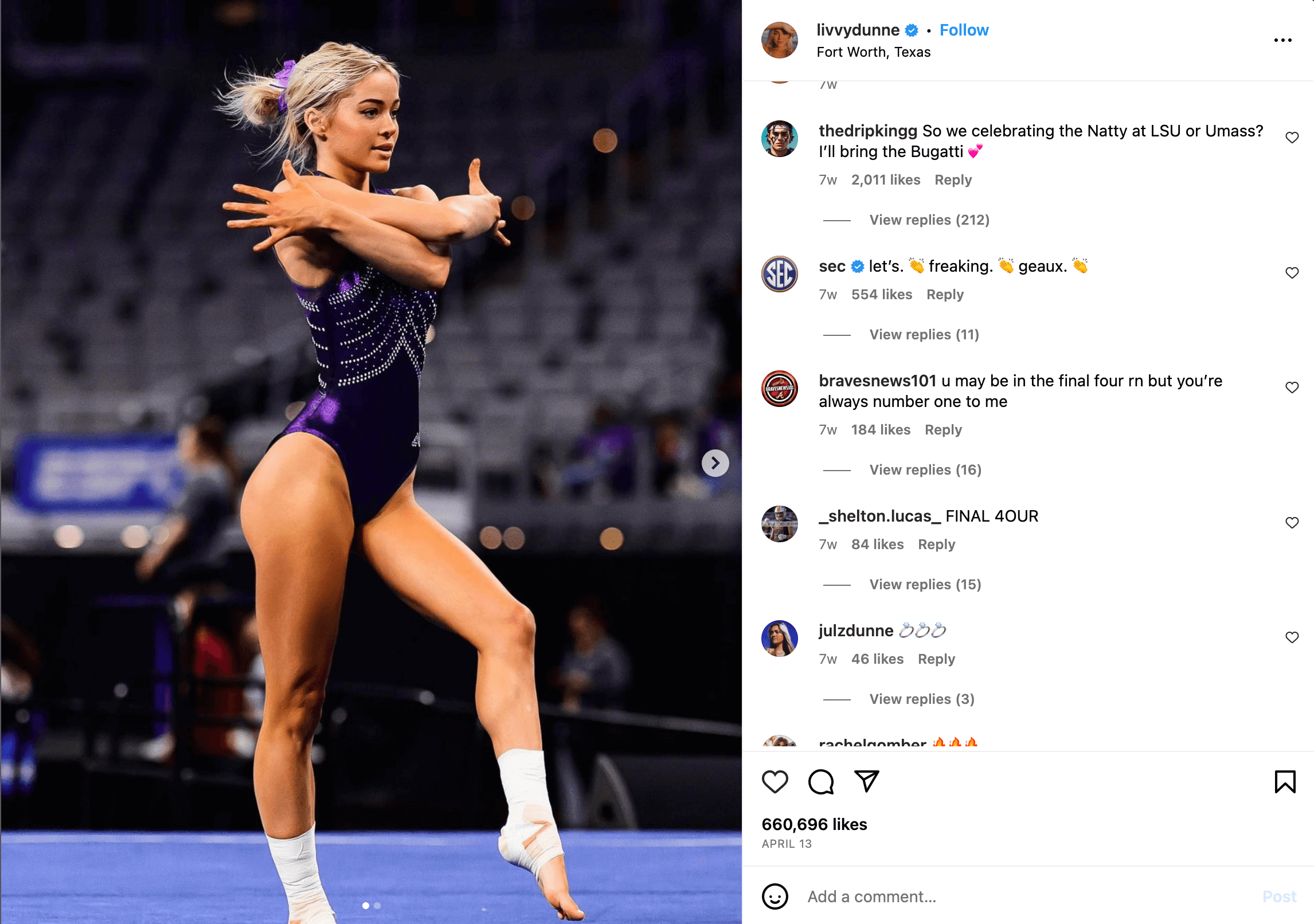 A screenshot of LSU gymnast Olivia Dunne's instagram of her competing