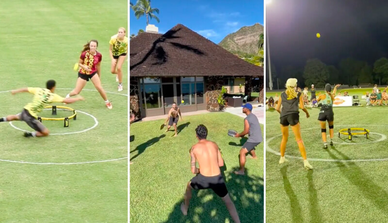 3 images of a Spikeball game